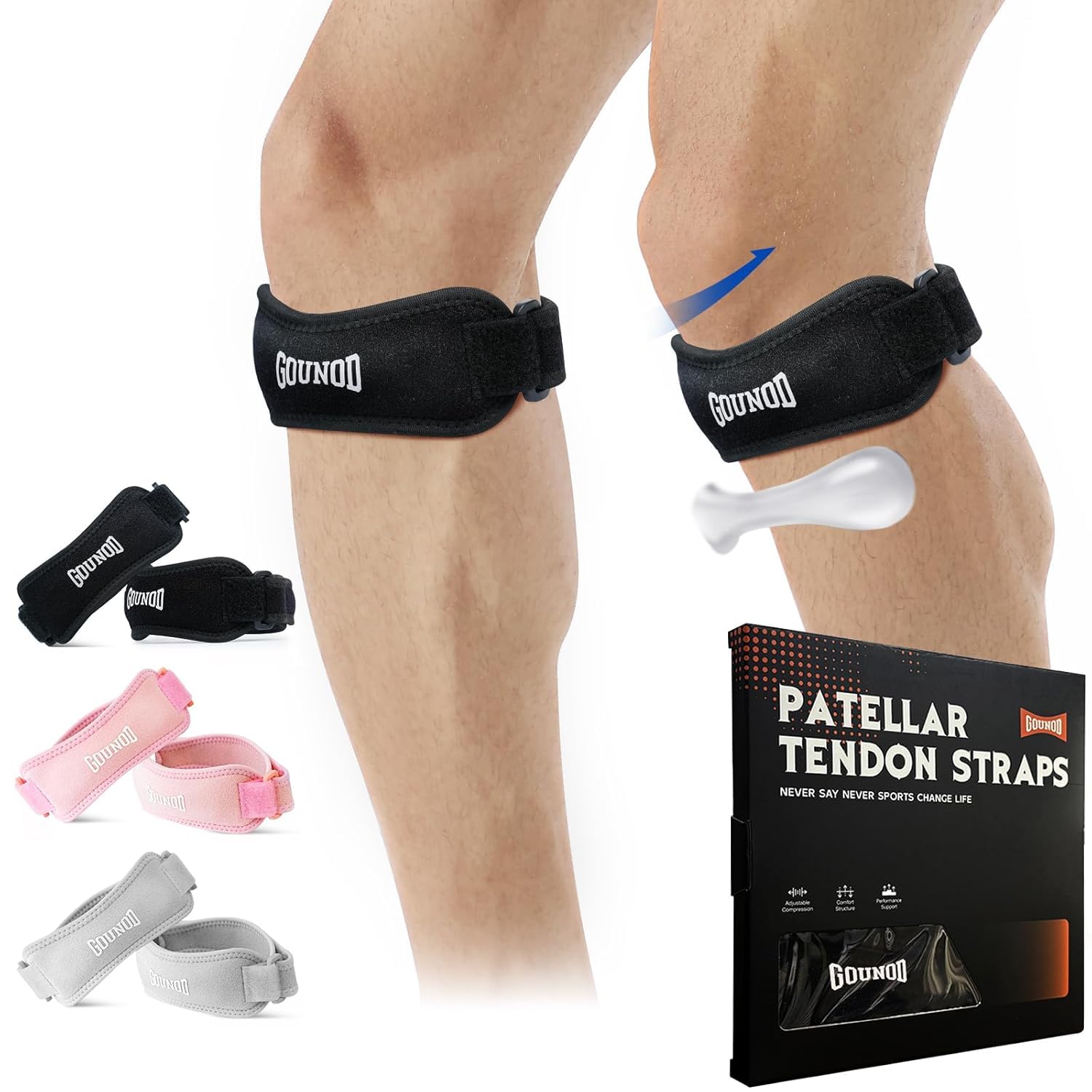 GOUNOD Patellar Tendon Support Strap 2 Pack,Knee Strap for Knee Pain Relief,Patella Band for Basketball, Jumpers Knee, Tendonitis, Running, Hiking, Soccer, Osgood Schlatter（Black）